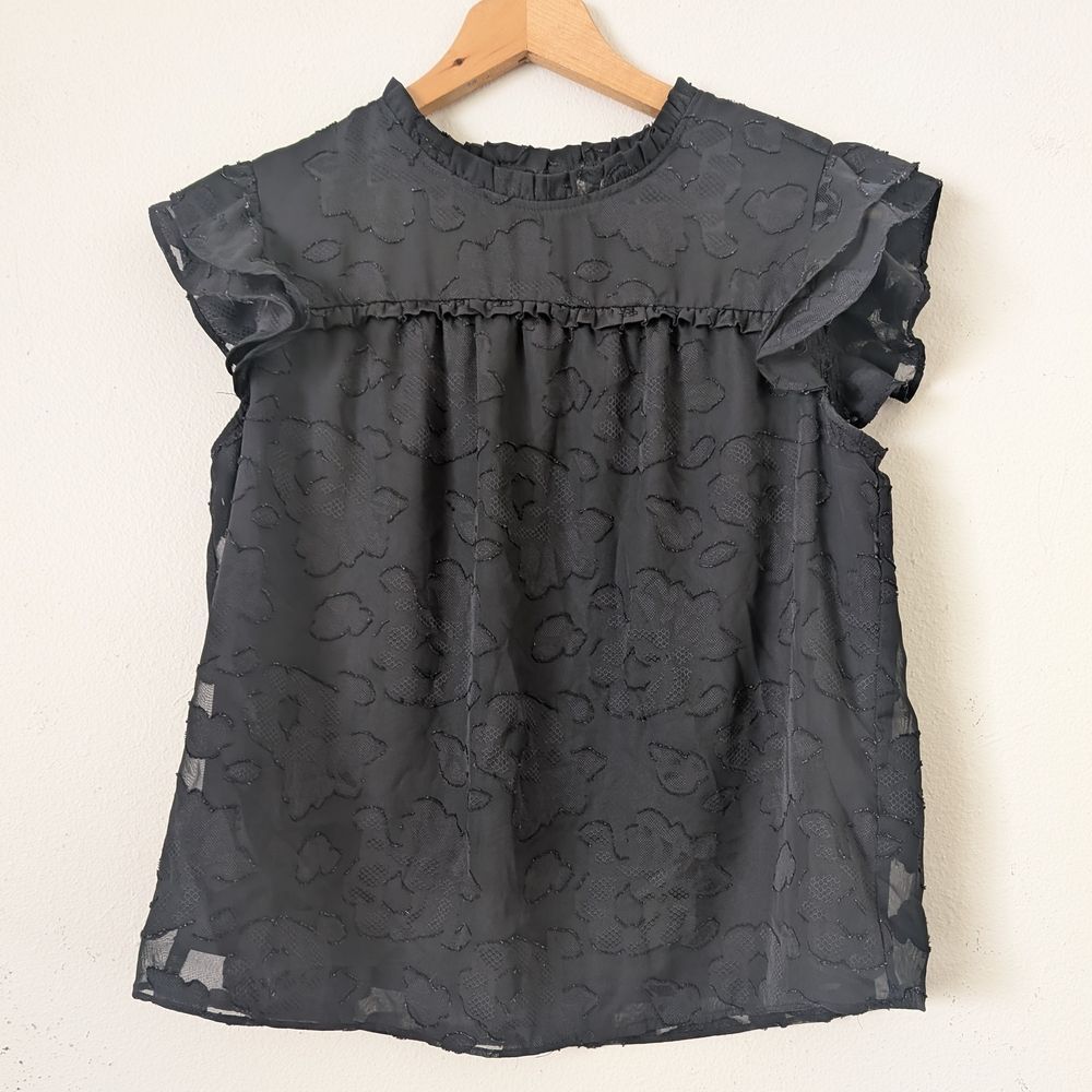 Cato Ruffle Cap Sleeve Top with Sheer Floral Overlay, Black, Size Medium